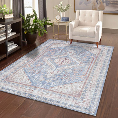 Vernal Senglea Machine Washable Rug for Living Room, Bedroom, Dining Room, Light Blue, Burnt Orange & Cream, 120 cm X 180 cm