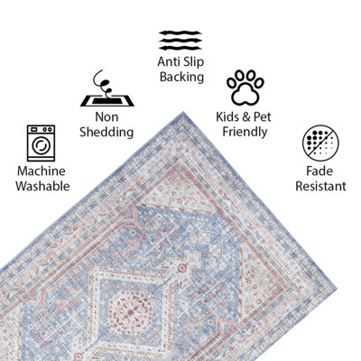 Vernal Senglea Machine Washable Rug for Living Room, Bedroom, Dining Room, Light Blue, Burnt Orange & Cream, 120 cm X 180 cm