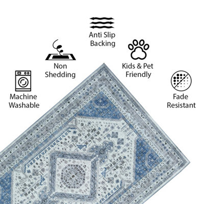 Vernal Senglea Machine Washable Runner for Living Room, Bedroom, Dining Room, Blue, Grey & Cream, 60 cm X 150 cm