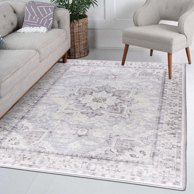 Vernal Sierra Grey, Blue and White Machine Washable Rug , 76 cm x 243 cm