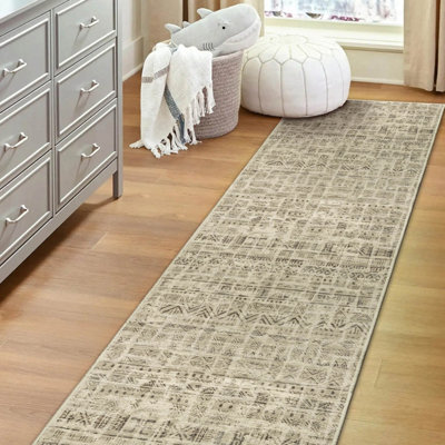 Vernal Sook Beige and Black Machine Washable Runner - For Living Room, Dining Room, Bedroom, Kitchens, 76 cm x 243 cm