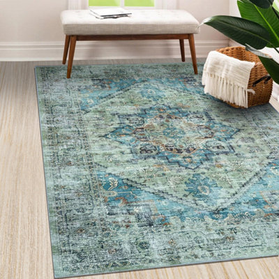 Vernal Spencer Machine Washable Rug for Living Room, Bedroom, Dining Room, Sage Green, Teal Blue & Copper, 120 cm X 180 cm