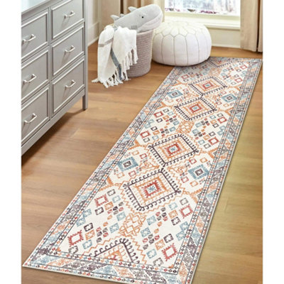 Vernal Yonker Machine Washable Runner Rug, Orange/Blue/Cream , 76 cm x 243 cm