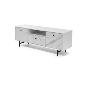 Veroli 03 TV Cabinet in White and Marble Finish - Sleek Design Meets Organisational Excellence - W1500mm x H540mm x D410mm