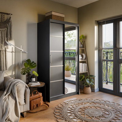 Verona 02 Contemporary 2 Mirrored Sliding Door Wardrobe 5 Shelves 2 Rails Black Matt (H)2000mm (W)1000mm (D)620mm