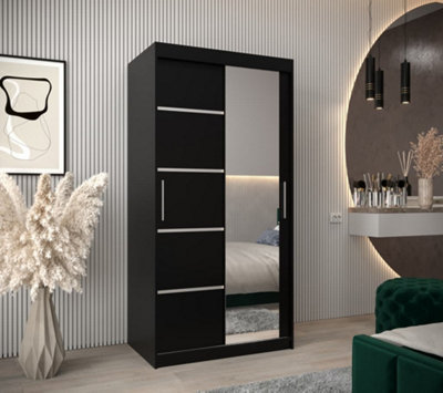 Verona 02 Contemporary 2 Mirrored Sliding Door Wardrobe 5 Shelves 2 Rails Black Matt (H)2000mm (W)1000mm (D)620mm
