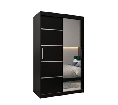 Verona 02 Contemporary 2 Mirrored Sliding Door Wardrobe 5 Shelves 2 Rails Black Matt (H)2000mm (W)1200mm (D)620mm
