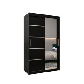 Verona 02 Contemporary 2 Mirrored Sliding Door Wardrobe 5 Shelves 2 Rails Black Matt (H)2000mm (W)1200mm (D)620mm