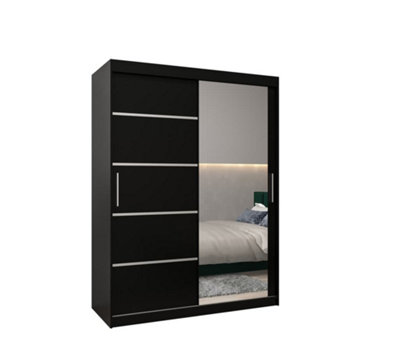Verona 02 Contemporary 2 Mirrored Sliding Door Wardrobe 5 Shelves 2 Rails Black Matt (H)2000mm (W)1500mm (D)620mm