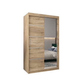 Verona 02 Contemporary 2 Mirrored Sliding Door Wardrobe 5 Shelves 2 Rails Oak Sonoma Effect (H)2000mm (W)1200mm (D)620mm