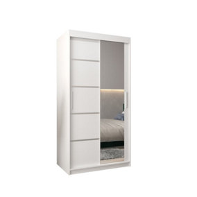 Verona 02 Contemporary 2 Mirrored Sliding Door Wardrobe 5 Shelves 2 Rails White Matt (H)2000mm (W)1000mm (D)620mm