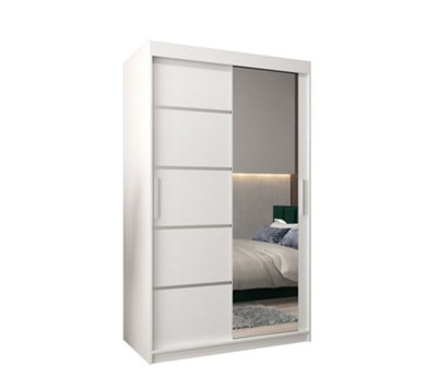 Verona 02 Contemporary 2 Mirrored Sliding Door Wardrobe 5 Shelves 2 Rails White Matt (H)2000mm (W)1200mm (D)620mm