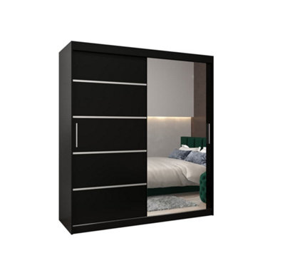 Verona 02 Contemporary 2 Mirrored Sliding Door Wardrobe 9 Shelves 2 Rails Black Matt (H)2000mm (W)1800mm (D)620mm