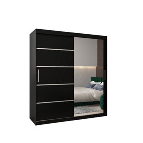 Verona 02 Contemporary 2 Mirrored Sliding Door Wardrobe 9 Shelves 2 Rails Black Matt (H)2000mm (W)1800mm (D)620mm