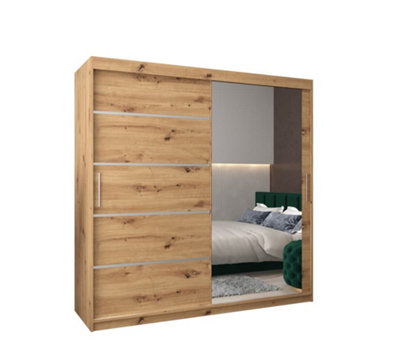 Verona 02 Contemporary 2 Mirrored Sliding Door Wardrobe 9 Shelves 2 Rails Oak Artisan Effect (H)2000mm (W)2000mm (D)620mm