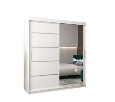 Verona 02 Contemporary 2 Mirrored Sliding Door Wardrobe 9 Shelves 2 Rails White Matt (H)2000mm (W)1800mm (D)620mm