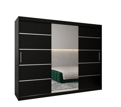 Verona 02 Contemporary 3 Mirrored Sliding Door Wardrobe 9 Shelves 2 Rails Black Matt (H)2000mm (W)2500mm (D)620mm