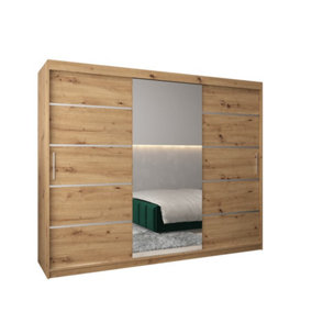 Verona 02 Contemporary 3 Mirrored Sliding Door Wardrobe 9 Shelves 2 Rails Oak Artisan Effect (H)2000mm (W)2500mm (D)620mm