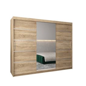 Verona 02 Contemporary 3 Mirrored Sliding Door Wardrobe 9 Shelves 2 Rails Oak Sonoma Effect (H)2000mm (W)2500mm (D)620mm
