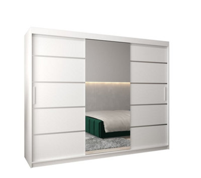 Verona 02 Contemporary 3 Mirrored Sliding Door Wardrobe 9 Shelves 2 Rails White Matt (H)2000mm (W)2500mm (D)620mm