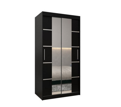 Verona 04 Contemporary 2 Mirrored Sliding Door Wardrobe 5 Shelves 2 Rails Black Matt (H)2000mm (W)1000mm (D)620mm