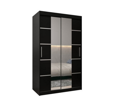 Verona 04 Contemporary 2 Mirrored Sliding Door Wardrobe 5 Shelves 2 Rails Black Matt (H)2000mm (W)1200mm (D)620mm