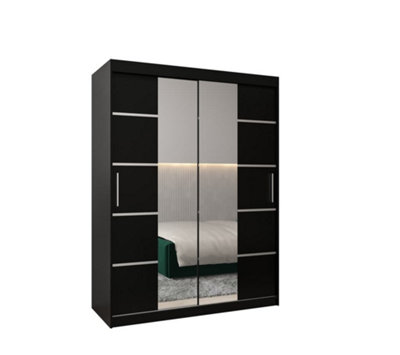Verona 04 Contemporary 2 Mirrored Sliding Door Wardrobe 5 Shelves 2 Rails Black Matt (H)2000mm (W)1500mm (D)620mm