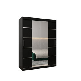 Verona 04 Contemporary 2 Mirrored Sliding Door Wardrobe 5 Shelves 2 Rails Black Matt (H)2000mm (W)1500mm (D)620mm