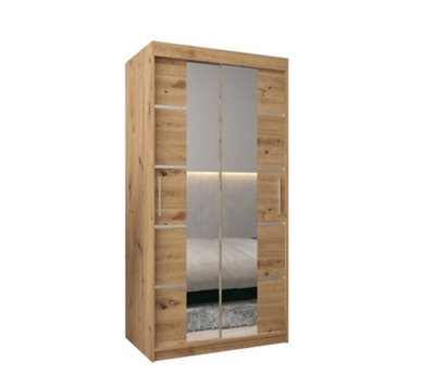 Verona 04 Contemporary 2 Mirrored Sliding Door Wardrobe 5 Shelves 2 Rails Oak Artisan Effect (H)2000mm (W)1000mm (D)620mm