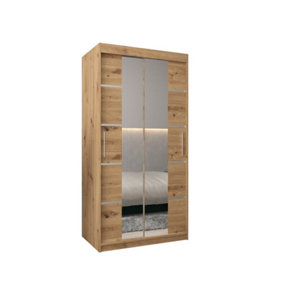 Verona 04 Contemporary 2 Mirrored Sliding Door Wardrobe 5 Shelves 2 Rails Oak Artisan Effect (H)2000mm (W)1000mm (D)620mm