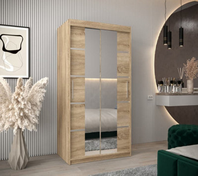 Verona 04 Contemporary 2 Mirrored Sliding Door Wardrobe 5 Shelves 2 Rails Oak Sonoma Effect (H)2000mm (W)1000mm (D)620mm