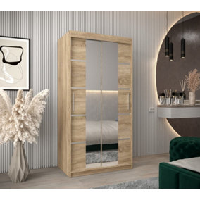 Verona 04 Contemporary 2 Mirrored Sliding Door Wardrobe 5 Shelves 2 Rails Oak Sonoma Effect (H)2000mm (W)1000mm (D)620mm