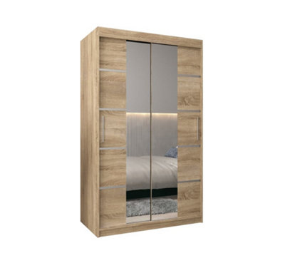 Verona 04 Contemporary 2 Mirrored Sliding Door Wardrobe 5 Shelves 2 Rails Oak Sonoma Effect (H)2000mm (W)1200mm (D)620mm