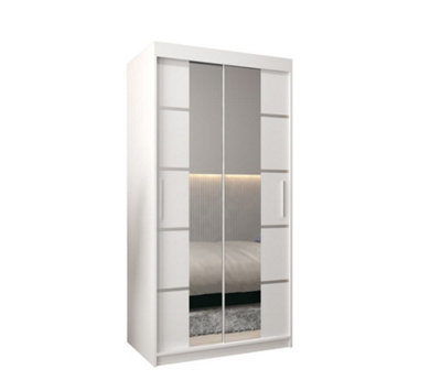 Verona 04 Contemporary 2 Mirrored Sliding Door Wardrobe 5 Shelves 2 Rails White Matt (H)2000mm (W)1000mm (D)620mm