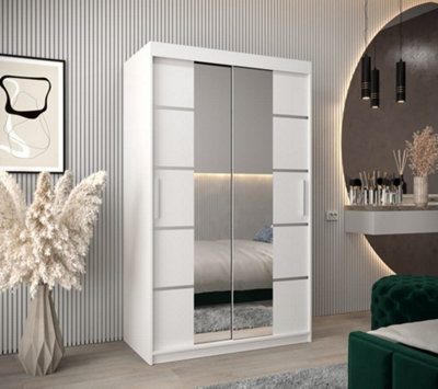 Verona 04 Contemporary 2 Mirrored Sliding Door Wardrobe 5 Shelves 2 Rails White Matt (H)2000mm (W)1200mm (D)620mm