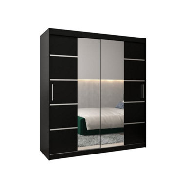 Verona 04 Contemporary 2 Mirrored Sliding Door Wardrobe 9 Shelves 2 Rails Black Matt (H)2000mm (W)1800mm (D)620mm