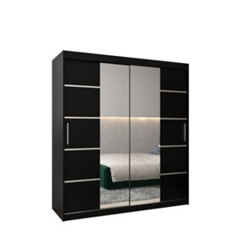 Verona 04 Contemporary 2 Mirrored Sliding Door Wardrobe 9 Shelves 2 Rails Black Matt (H)2000mm (W)1800mm (D)620mm
