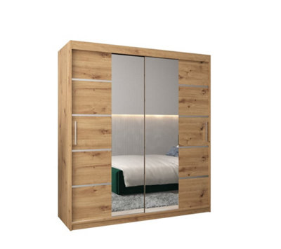 Verona 04 Contemporary 2 Mirrored Sliding Door Wardrobe 9 Shelves 2 Rails Oak Artisan Effect (H)2000mm (W)1800mm (D)620mm
