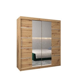 Verona 04 Contemporary 2 Mirrored Sliding Door Wardrobe 9 Shelves 2 Rails Oak Artisan Effect (H)2000mm (W)1800mm (D)620mm
