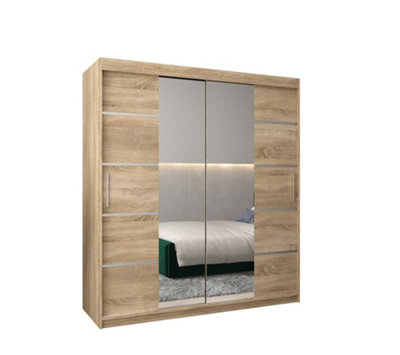 Verona 04 Contemporary 2 Mirrored Sliding Door Wardrobe 9 Shelves 2 Rails Oak Sonoma Effect (H)2000mm (W)1800mm (D)620mm