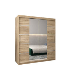 Verona 04 Contemporary 2 Mirrored Sliding Door Wardrobe 9 Shelves 2 Rails Oak Sonoma Effect (H)2000mm (W)1800mm (D)620mm