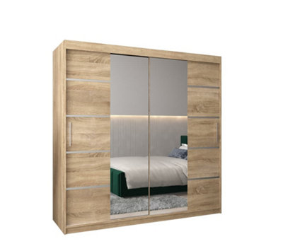 Verona 04 Contemporary 2 Mirrored Sliding Door Wardrobe 9 Shelves 2 Rails Oak Sonoma Effect (H)2000mm (W)2000mm (D)620mm