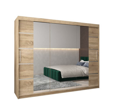 Verona 04 Contemporary 3 Mirrored Sliding Door Wardrobe 9 Shelves 2 Rails Oak Sonoma Effect (H)2000mm (W)2500mm (D)620mm