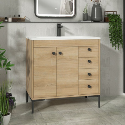 Verona 800mm Natural Oak Floor Standing Bathroom Vanity Unit 2 Door, 4 ...