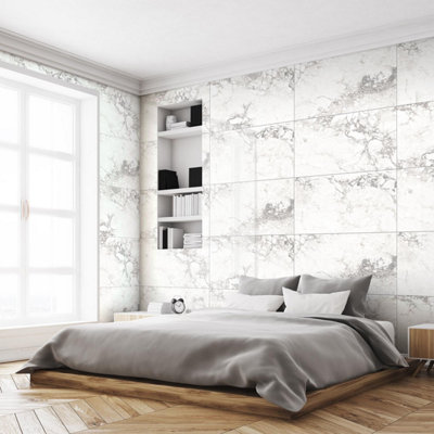 Verona Gloss White Marble Effect Porcelain Wall & Floor Tile - Pack of 160 Tiles, 28m² - (L)600(W)300mm