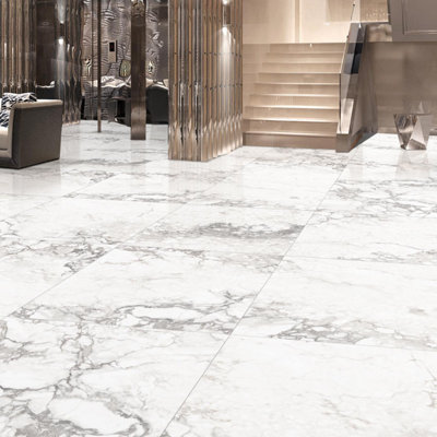 Verona Gloss White Marble Effect Porcelain Wall & Floor Tile - Pack of 38 Tiles, 13m² - (L)600(W)600mm