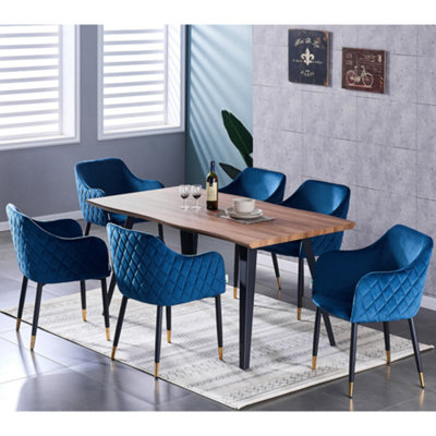 Verona Rocco LUX 7PCs Dining Set includes an Oak Dining Table and Set of 6 Blue/Gold Dining Chairs