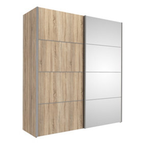 Verona Sliding Wardrobe 180cm in Oak with Oak and Mirror Doors with 5 Shelves