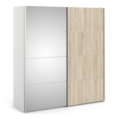 Verona Sliding Wardrobe 180cm in White with Oak and Mirror Doors with 2 Shelves