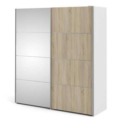 Verona Sliding Wardrobe 180cm in White with Oak and Mirror Doors with 5 Shelves